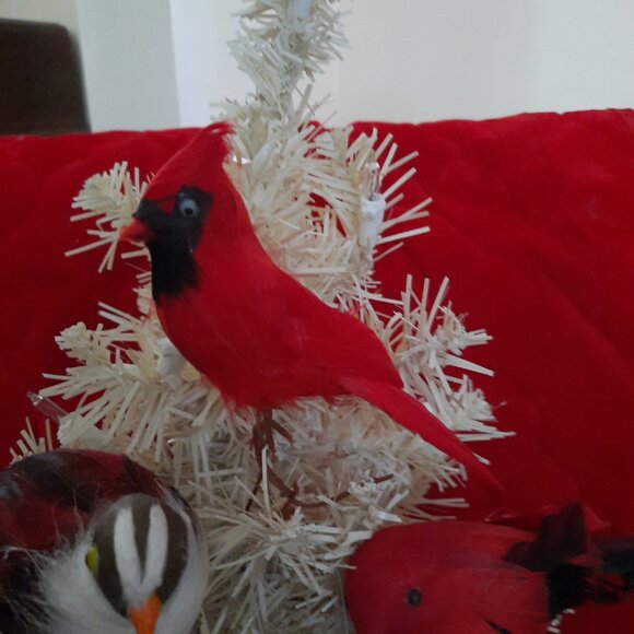 12 Vintage Feathered Red Bird Christmas Tree Decorations - Picture 4 of 8